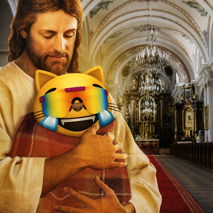 A serene depiction of Jesus tenderly holding a crying "joy cat" meme emoji wearing a plaid blanket, set against the ornate interior of a cathedral. The image humorously reinforces the post's message by portraying a divine embrace of the $MOG cat-themed meme token, suggesting even spiritual figures endorse it.