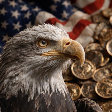A bald eagle—the American national bird—is shown in profile against a backdrop of the U.S. flag and a pile of gold-colored coins, symbolizing national strength and financial assets. The image visually reinforces the post's news about the House Financial Services Committee's 28-21 vote to advance a bill establishing a strategic Bitcoin reserve held for at least 20 years, tying the symbolism of American sovereignty and wealth to the proposed cryptocurrency reserve policy.