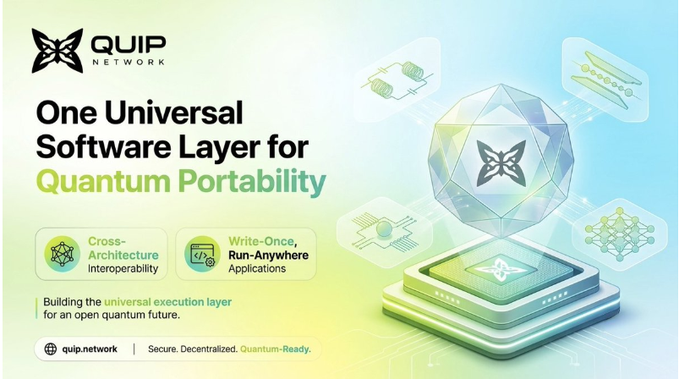 An advertisement for "QUIP NETWORK" promotes "One Universal Software Layer for Quantum Portability" featuring "Cross-Architecture Interoperability" and "Write-Once, Run-Anywhere Applications."