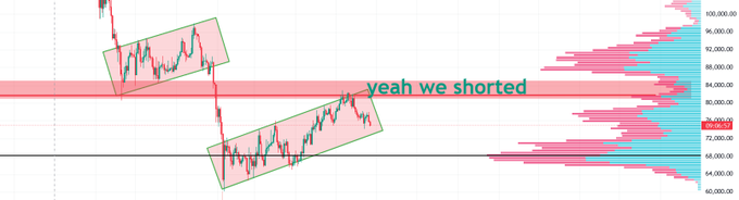 This image is a screenshot from an online trading platform that features two bars of different colors, with one bar being red and the other blue. Both bars are at different heights, demonstrating that the market has recently had a sharp decline, as indicated by the downward trend shown on the screen. The caption above this visual analysis states: "BTC shorts are up 75% - but you ignored the macro". This suggests that despite the declining market conditions, some people have chosen to invest in Bitcoin based on certain factors or beliefs.