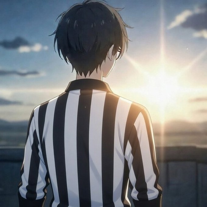 An anime-style illustration depicts a dark-haired figure in a black and white striped referee shirt viewed from behind, looking toward a bright sunset.