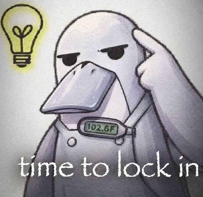 The image shows a stern-looking cartoon duck wearing a collar that reads "102.6F," tapping its head next to a glowing lightbulb, with the caption "time to lock in" overlaid. The meme conveys a determined, focused mindset that ties into the post's message about being prepared to capitalize on $arc's mainnet launch and the anticipated surge in volume and airdrop activity.