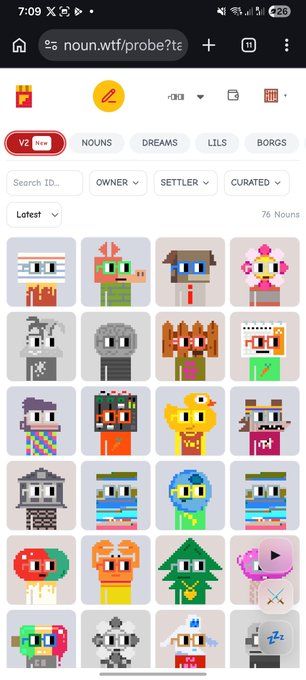 A mobile web browser screenshot of the noun.wtf/probe page, displaying a grid of colorful pixel-art NFT character avatars.