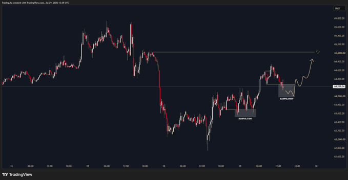 A TradingView chart of $BTC/USD on the 30-minute timeframe from July 29, 2025, showing recent price action with two highlighted "manipulation areas" and a handwritten white arrow forecasting an upward move toward the $65,000 resistance level, aligning with the post's bullish "New York plan" outlook.