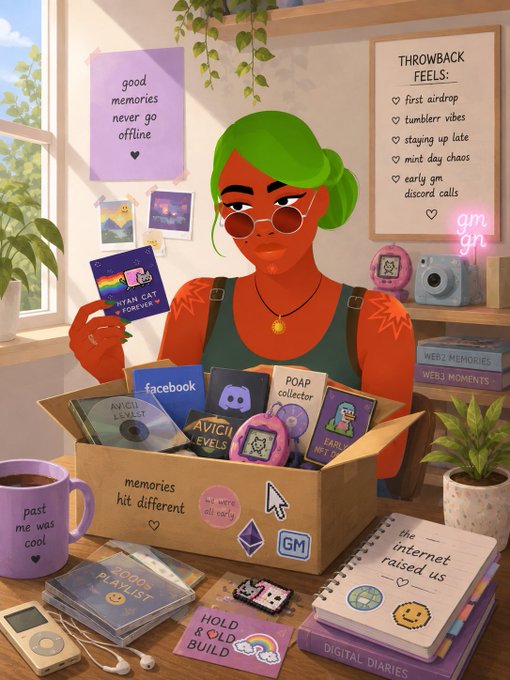 A colorful digital illustration of a green-haired character unpacking a box of nostalgic web3 and internet memorabilia, including items labeled 'facebook', 'POAP collector', and 'AVICI levels', with signs reading 'good memories never go offline' and 'THROWBACK FEELS'.