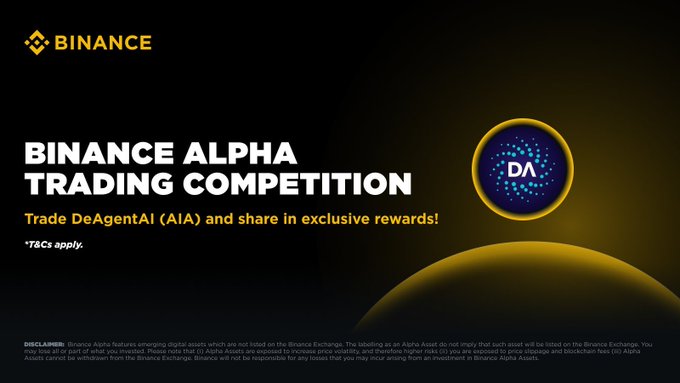 A promotional banner for the Binance Alpha Trading Competition featuring the DeAgentAI (AIA) token, set against a dark background.