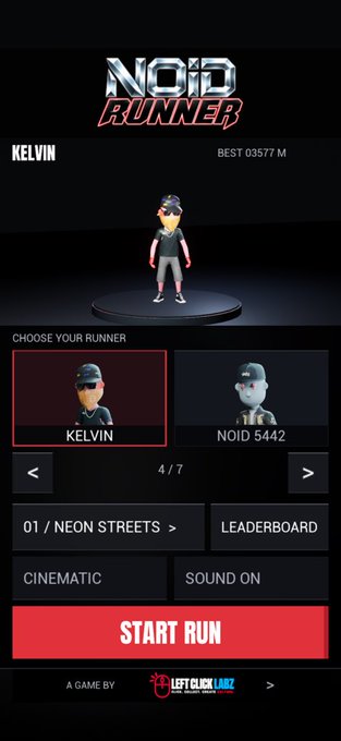 A screenshot of the "NOID RUNNER" game character selection screen shows the player "KELVIN" selected, with a best score of 03577 M and 4/7 characters unlocked, ready to "START RUN" on level 01 "NEON STREETS." This ties to the user's post about progressing in the game and aiming for the highest score to claim a share of the upcoming $200 prize pool.