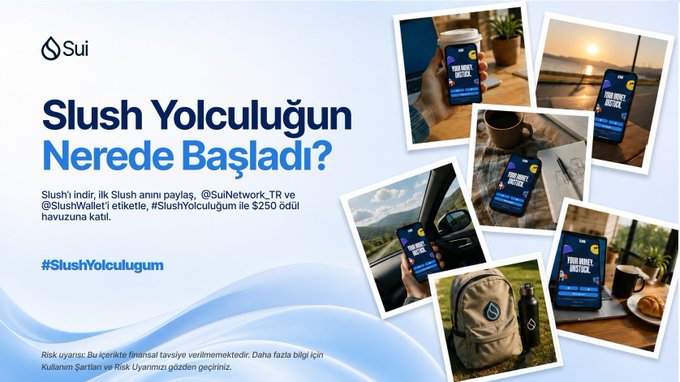 The image features a collage of photos that showcase various objects related to the Slush app, such as a smartphone, cup, car, backpack, and clock. The text accompanying these images reads "slush.onelink.me/2DKE/slushturk" which is a user's Slush moment quote from Sui Network Social Media Twitter account "slush.onelink.me". Another part of the image shows the hashtag "#SlushYolculuğum", which could be an interesting challenge for users to participate in or share on social media, creating a sense of community and fun around the Slush app.