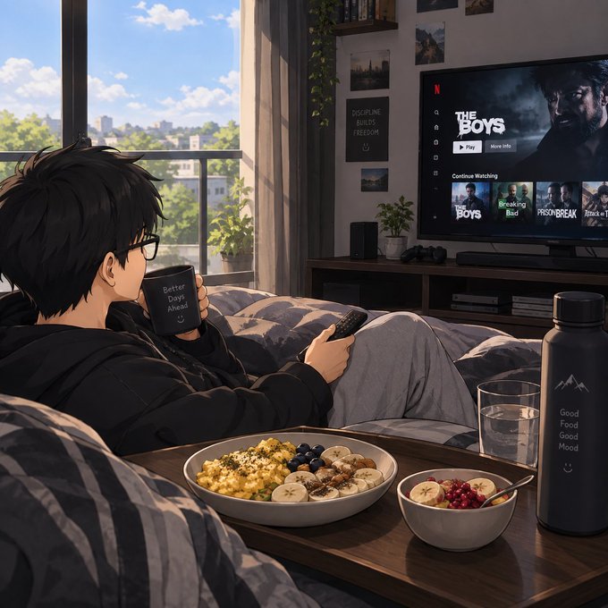 An anime-style illustration of a person relaxing on a couch watching Netflix's 'The Boys' with breakfast on a tray and a 'Better Days Ahead' mug.