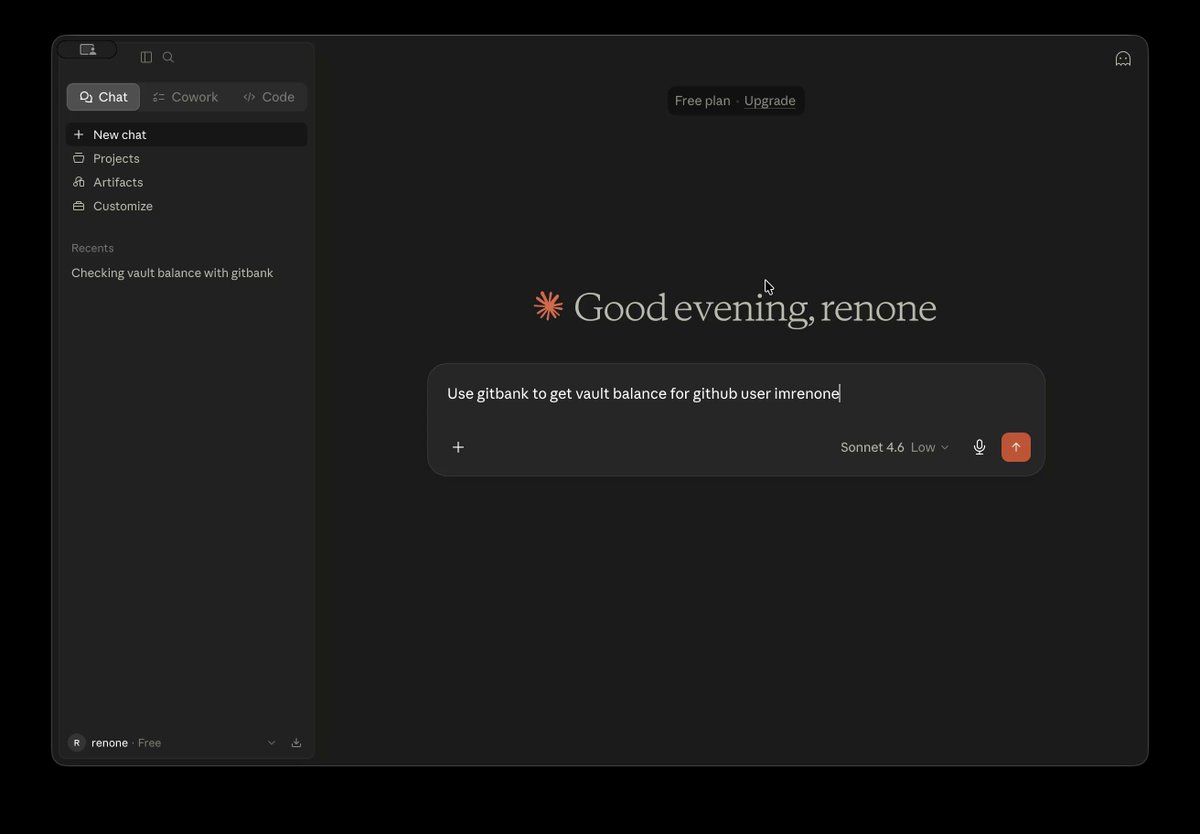 The image shows a computer screen displaying a Gitbank server connection page with an AI assistant named Claude. The server is connected to the AI assistant's on-chain vault data and Web3 project management system. The screen also has a message that reads "Good evening, remove me".