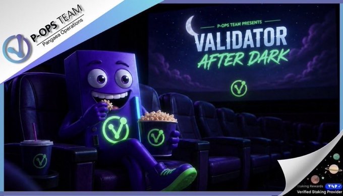 A purple animated character with a checkmark logo enjoys popcorn and soda in a dark movie theater, with a screen displaying "VALIDATOR AFTER DARK" presented by P-OPS TEAM, tying into the post's theme of validators quietly running infrastructure beneath the stillness of Saturday night.