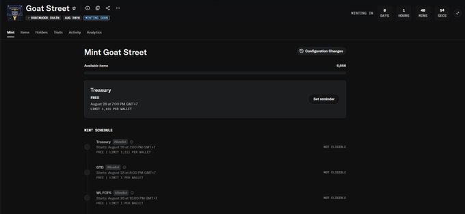 The image shows the "Mint Goat Street" NFT minting page on Cashmere, displaying an available item count of 0.000 for the Treasury at a price of $666, with a mint schedule showing FCFS and GTD stages starting August 28 at 7:00 PM GMT+7, each with a 1.111 PP per wallet limit and 333/666 mint cap—supporting the post's criticism that Cashmere Labs unfairly allocated a large portion (4000/6666) to the team's treasury.