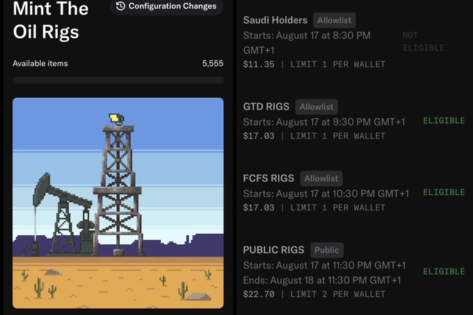A 'Mint The Oil Rigs' NFT page shows an 8-bit style oil rig illustration with minting tiers for Saudi Holders ($11.35), GTD RIGS ($17.03), FCFS RIGS ($17.03), and PUBLIC RIGS ($22.70) with eligibility statuses displayed.