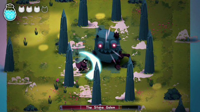 A screenshot from the game "Crypt Custodian" shows a small cat-like character facing off against a large boss labeled "The Stone Golem" in a forest setting, tying into the post's promotion of the Steam game at a discounted price.