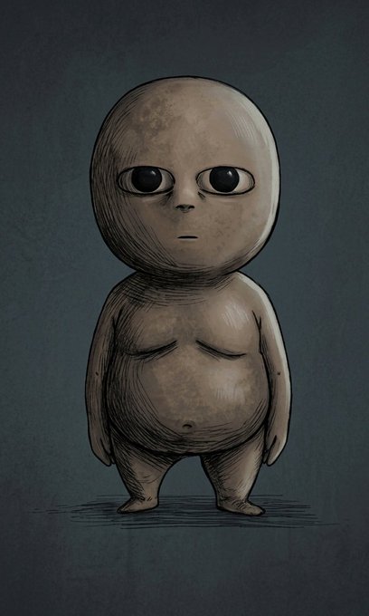 A digital illustration of a peculiar, wide-eyed humanoid creature with a large round head, small body, and neutral expression against a dark teal background.