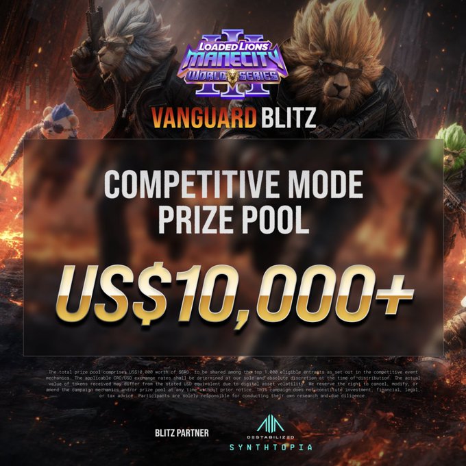 The image is a promotional graphic for "Loaded Lions ManeCity World Series Vanguard Blitz," featuring anthropomorphic lion characters and announcing a competitive mode prize pool of US$10,000+, aligning with the post's claim that the prize pool has grown to $11,000 in $CRO for the web3 gaming competition.