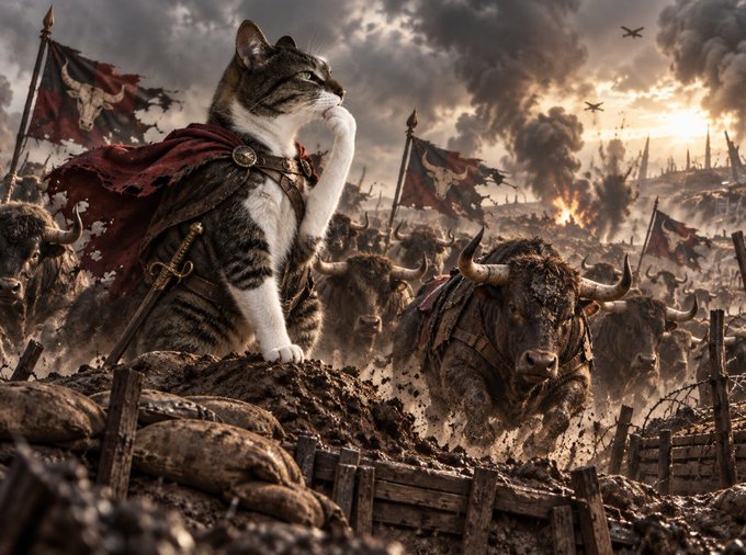 A determined tabby cat dressed as a warrior commander stands atop a mound of earth, surveying a charging herd of bulls adorned with battle flags and armor beneath a smoky, dramatic sky. The image playfully visualizes the "Good Morning Bulls" greeting by depicting a feline "general" leading an army of bulls into battle, symbolizing bullish market momentum led by a small but commanding force.