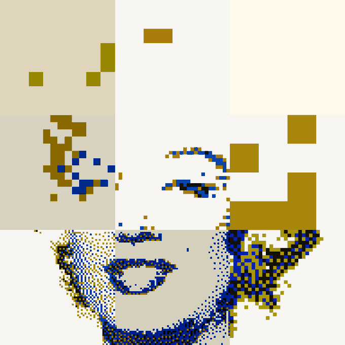 The image features a digital art piece of a woman's face, which appears to be a mosaic or an abstract painting style. The face is composed of small squares that create a unique pattern when combined together. The colors used are predominantly blue and white, with some yellow accents adding contrast. The post seems to be about the acquisition of this artwork by someone named "TBAM" for 0.0044 WETH.