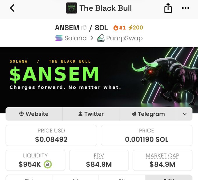 A screenshot of the $ANSEM token ("The Black Bull") trading page on PumpSwap showing a price of $0.08492, market cap of $84.9M, and liquidity of $954K, which the post references as proof of the token's 130X growth from the caller's earlier $700K market cap entry point.
