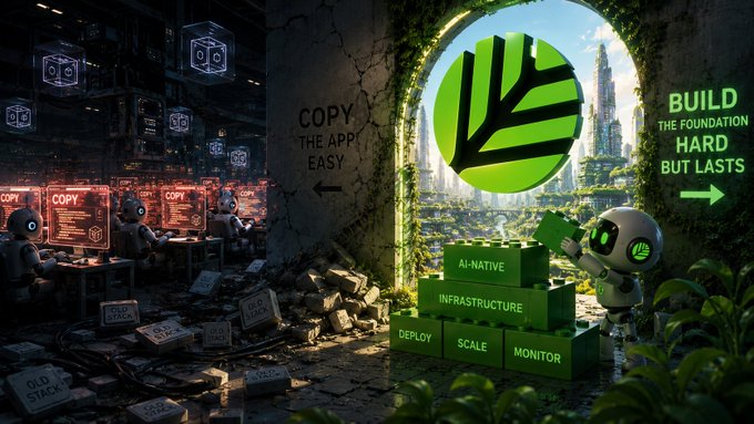 A conceptual AI-generated image contrasts a dilapidated room filled with robots copying code ('COPY THE APP EASY') with a bright portal showing a green logo, a robot holding a puzzle piece, and stacked green blocks labeled 'AI-NATIVE INFRASTRUCTURE,' 'DEPLOY,' 'SCALE,' and 'MONITOR,' accompanied by the text 'BUILD THE FOUNDATION HARD BUT LASTS.'