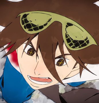 An anime-style illustration depicts a brown-haired character wearing a snake-themed headband, with X-shaped pupils and a red mark on their cheek.
