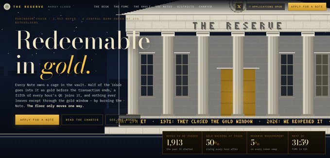 A website for 'The Reserve' displays 'Redeemable in gold' and explains a Northwood Note system backed by central bank gold, with statistics like 'NOTES IN ISSUE 1,913' and 'NEXT IN 31:59'.