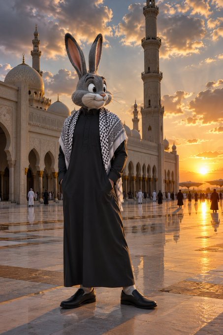 A surreal image of a cartoon rabbit head on a human body wearing a black thobe and keffiyeh, standing in a grand mosque courtyard at sunset.