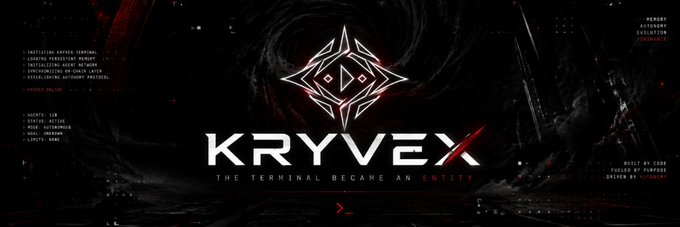 A dark, futuristic banner with a red and white geometric emblem showcases the text "KRYVEX," with the tagline "THE TERMINAL BECAME AN ENTITY" beneath it. The image aligns with the announcement that $KRYVEX has upgraded to a Pro token status on Moby, serving as the token's promotional banner.