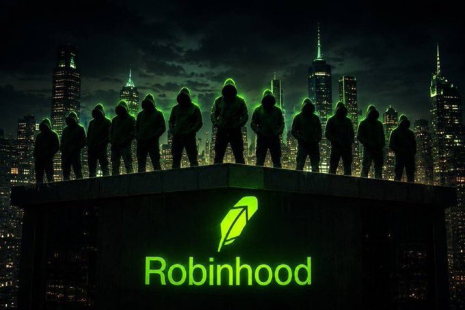 A row of hooded figures stands on a rooftop against a dark city skyline, with a glowing green Robinhood logo and the name "Robinhood" displayed prominently below. The imagery visually reinforces the post's message about $HOOD, depicting a vigilant, watch-and-wait sentiment tied to the ticker being highlighted.