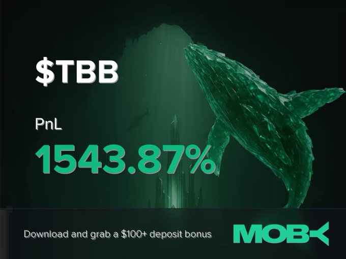A Moby Mobile promotional graphic displays a striking underwater scene with a large whale, announcing a trader win on $TBB with a PnL of +1543.87%, alongside a call-to-action offering a $100+ deposit bonus. The post context notes that $TBB has trended since $104.73K MC and is now sitting at $36.6M MC, highlighting the massive gain potential the platform aims to showcase.