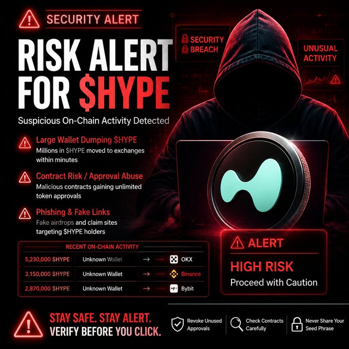 A security alert warning about $HYPE token risks, showing suspicious on-chain activity, wallet dumping to exchanges like OKX, Binance, and Bybit, with a hooded hacker figure.