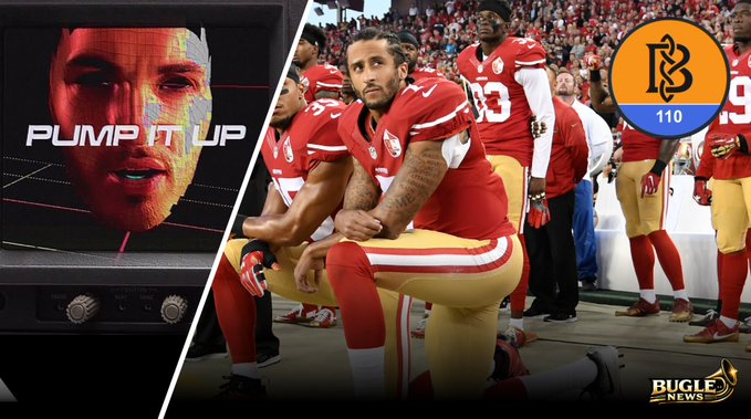 A sports broadcast graphic titled 'PUMP IT UP' showing San Francisco 49ers players kneeling on the sideline, with a 'NB 110' logo and 'BUGLE NEWS' watermark.