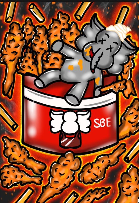A stylized digital illustration of a red bucket labeled "S8E" featuring a winged dog logo, filled with fried chicken and a deceased cartoon animal, surrounded by chicken and bullets against a fiery background.