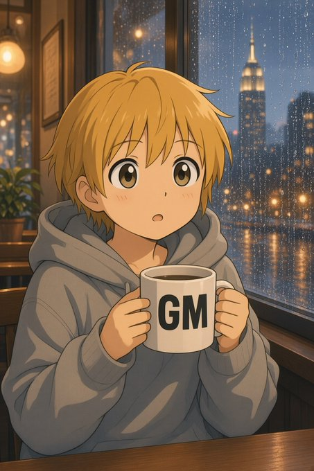 An anime-style illustration of a blonde-haired character in a gray hoodie holding a mug labeled "GM," looking surprised while sitting at a café window with a rainy nighttime cityscape behind them. The mug's "GM" text directly mirrors the post's playful "GM if you GM" prompt, using the image as a visual greeting for those who reply with the same.