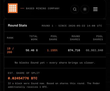 A 'Based Mining Company' dashboard showing Round Stats with rank 19/266, total work of 56.46 G, and an estimated share payout of 0.02454776 BTC.