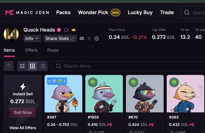 The image shows a Magic Eden NFT marketplace listing for the "Quack Heads" collection, displaying various duck character NFTs with floor prices around 0.34 SOL and individual listings ranging from 0.34 to 0.753 SOL. The "Quack" theme in the caption aligns with the duck-themed NFT collection being browsed, though the listed prices suggest a much higher current value than the 2.5 SOL mint price mentioned.