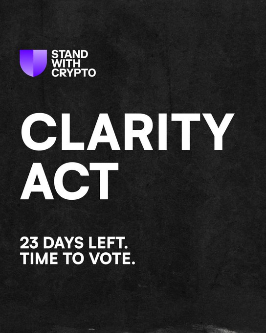 A black promotional graphic from "Stand With Crypto" featuring a purple shield logo, with bold white text reading "CLARITY ACT" and "23 DAYS LEFT. TIME TO VOTE." The countdown message reinforces the urgency of scheduling a Senate vote on the Clarity Act before the August recess, as called for in the accompanying post.