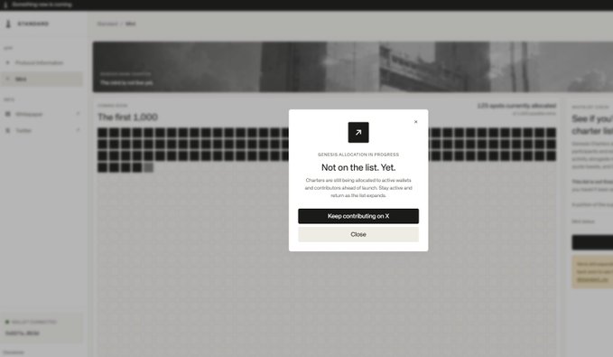 A screenshot of a webpage shows a pop-up message from X stating 'Not on the list. Yet.' regarding 'THE FIRST 1,000' chartered members.