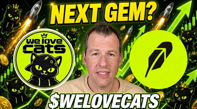A YouTube thumbnail titled 'NEXT GEM?' features a man's face in the center, flanked by the 'We Love Cats' crypto logo on the left and a yellow logo on the right, with '$WELOVECATS' written at the bottom.