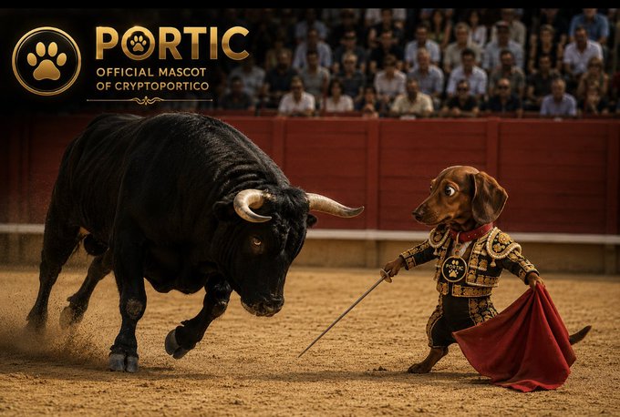 A dramatic bullfighting scene shows a dachshund dressed as a matador in gold and red attire facing off against a charging black bull in an arena, with the text "PORTICO - OFFICIAL MASCOT OF CRYPTOPORTICO" displayed in the upper left corner. The image's bold, high-stakes bull-versus-matador imagery visually amplifies the post's confident, take-charge tone as the author declares their own pick ($ANSEM) for the prediction contest.