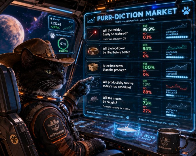 Sci-fi themed illustration of a cat dressed as a space pioneer wearing a cowboy hat, looking at a 'PURR-DICTION MARKET' holographic screen displaying various cat-related prediction questions with percentages and confidence levels, branded 'daPioneers'.