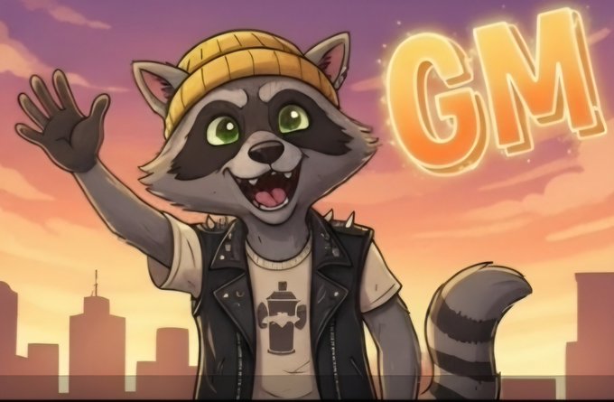 A cartoon raccoon mascot wearing a yellow beanie and black leather vest with a chain icon shirt, waving against a sunset city skyline with glowing "GM" text (crypto slang for 'Good Morning').