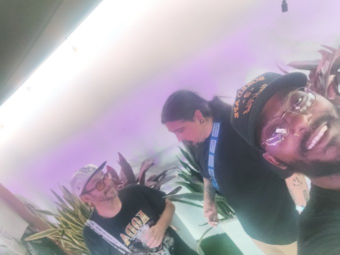 Three men wearing caps and glasses pose for a close-up selfie in a dimly lit venue with purple lighting and tropical plants in the background.