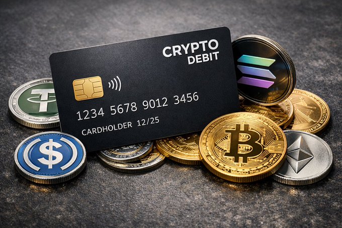 A black crypto debit card displaying card number 1234 5678 9012 3456 with expiration 12/25 rests on a bed of physical cryptocurrency coins including Bitcoin, Tether, USDC, and Ethereum tokens.