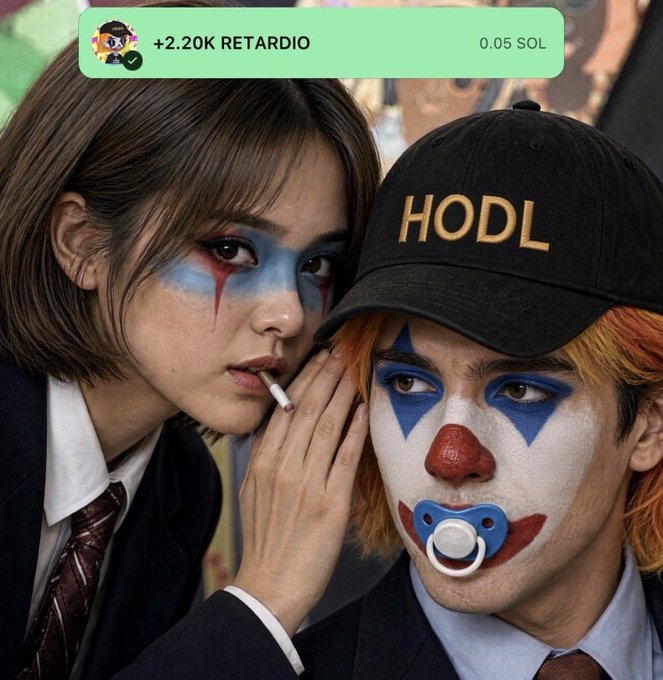 An image showing two people in makeup—one with smudged face paint and a cigarette, the other dressed as a clown wearing a 'HODL' cap—with a banner reading '+2.20K RETARDIO 0.05 SOL'.