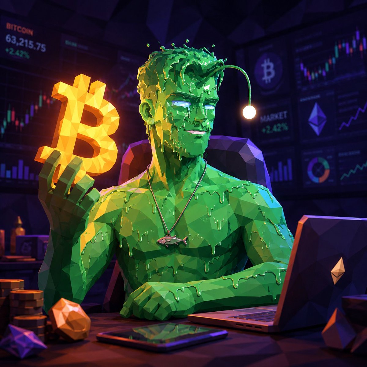 A low-poly digital illustration depicts a green, glossy humanoid figure holding a glowing orange Bitcoin symbol, with a fish pendant necklace, surrounded by cryptocurrency charts and screens showing 'BITCOIN 63,215.75 +2.42%' and a Bitcoin logo.