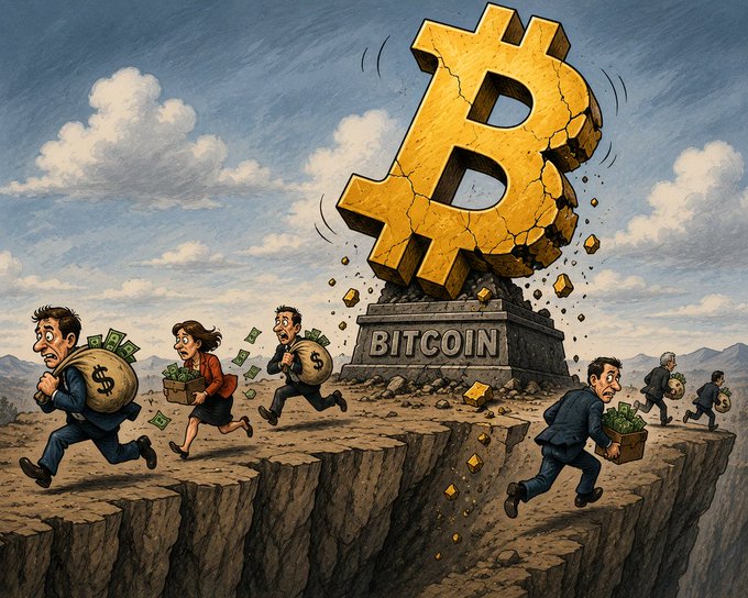 The image features a group of people running up a cliff, carrying bags filled with money. The scene depicts an unusual situation where the individuals are attempting to flee from Bitcoin ETFs, which have been yanked out of existence by investors. This action has resulted in a significant loss for those who invested in the cryptocurrency.