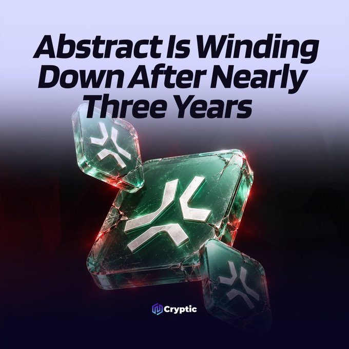 A dark, glitch-styled graphic featuring shattered, glowing green crystal blocks emblazoned with X-shaped symbols, overlaid with the headline "Abstract Is Winding Down After Nearly Three Years," visually representing the fragmentation and closure of the Abstract Chain L2 network as announced in the post.