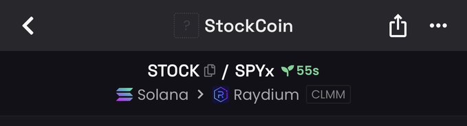 A dark-themed DexScreener interface displaying the "StockCoin" (STOCK/SPYx) trading pair on Solana via Raydium CLMM, showing a price of 55s with a sprout emoji indicating recent listing. The screenshot illustrates the newly added pool support mentioned in the post, confirming the token's availability on the DEX tracking platform.