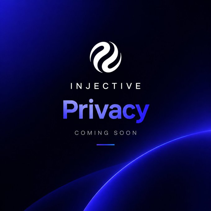 A promotional image for Injective featuring a logo and text announcing 'Privacy Coming Soon' against a dark blue background with a glowing curve.